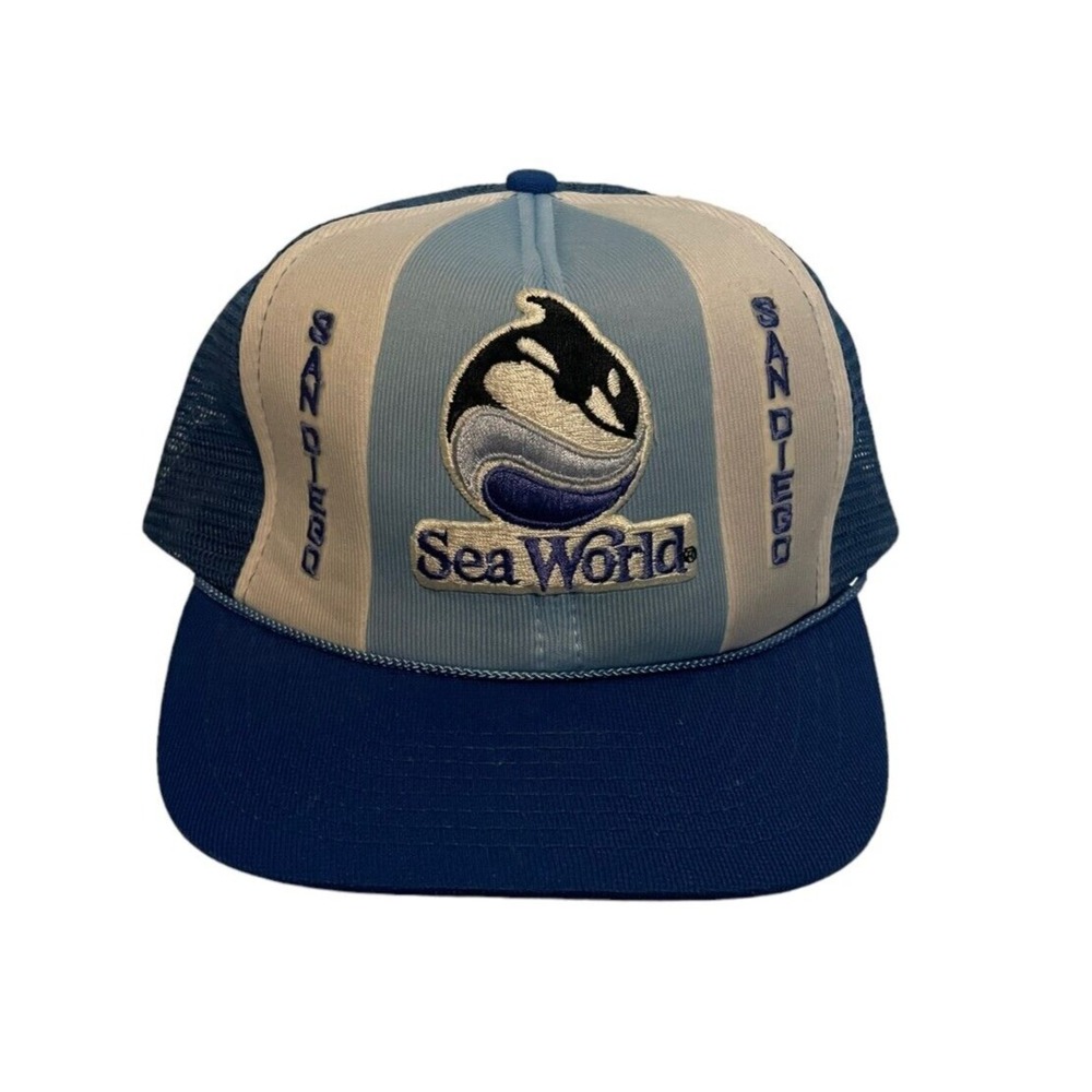 Vintage Sea World Hat Blue White 80s Cap Mesh Trucker Logo Casual Shamu Whale